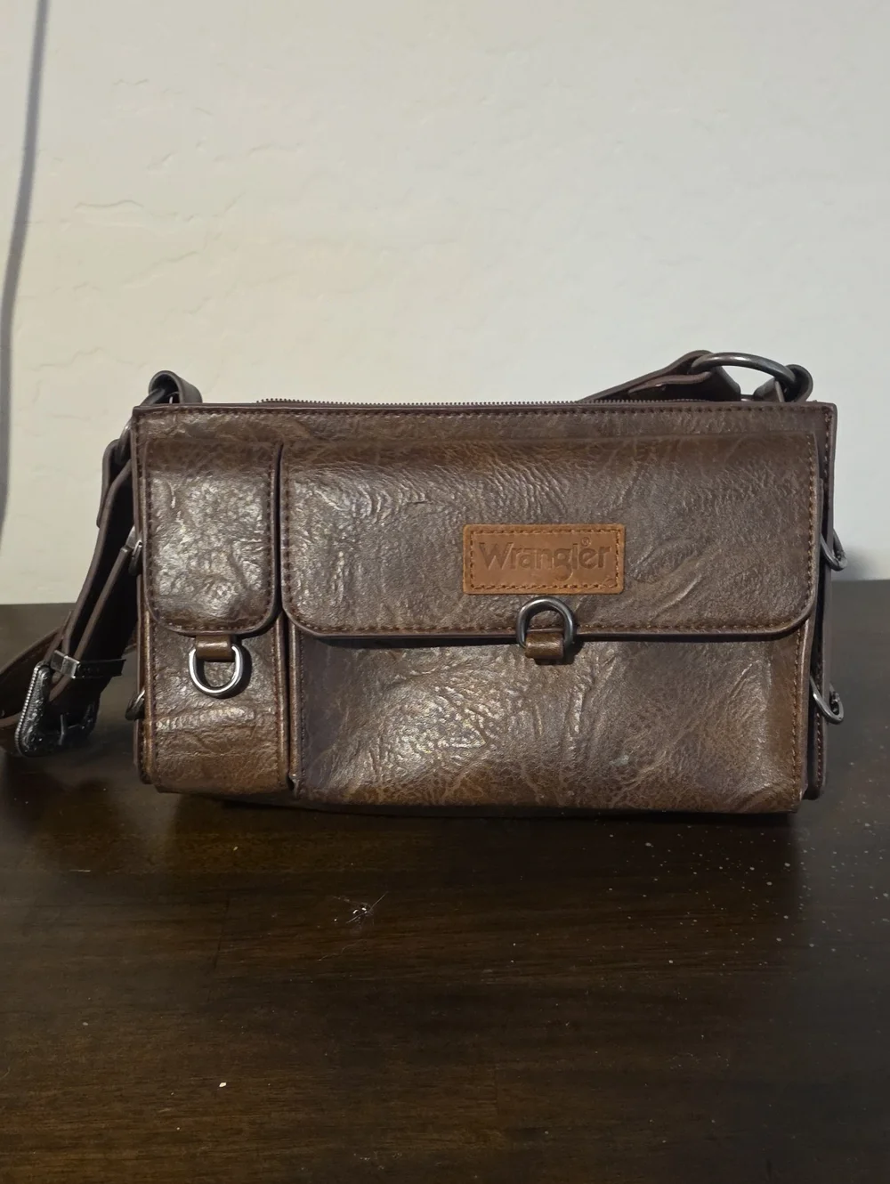 Wrangler Dark Brown Leather Messenger Bag with Front Flap